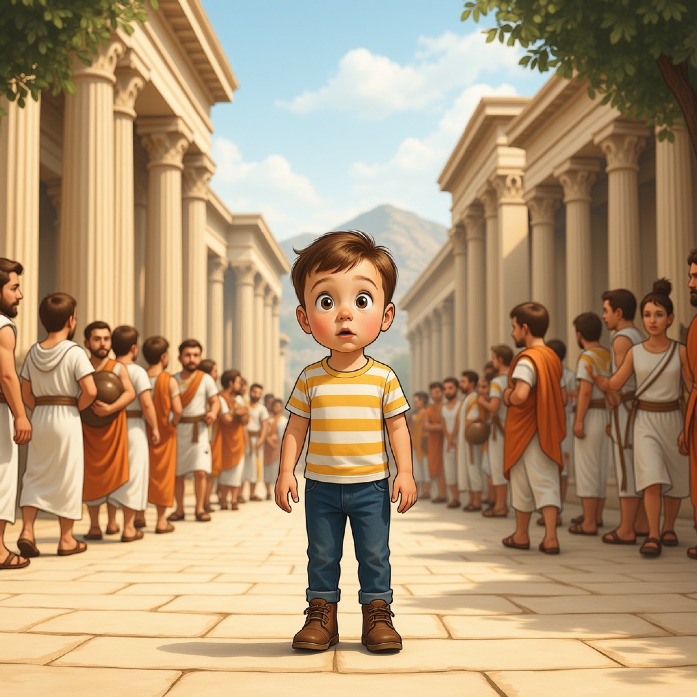 The Curious Kid arriving in ancient Athens — interior spread