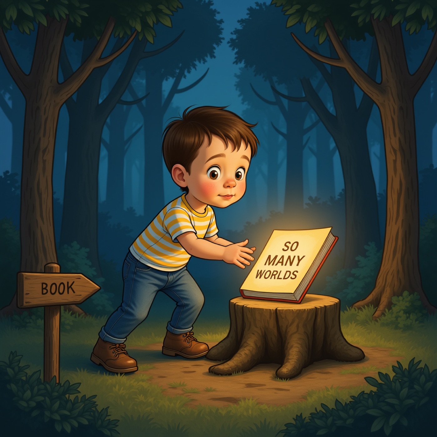 The Curious Kid finding a glowing book in a dark forest — interior spread