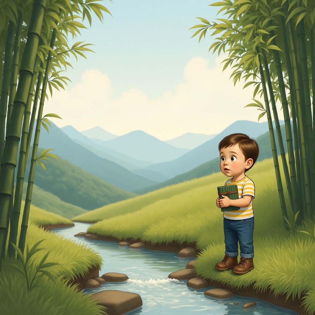 The Curious Kid in a bamboo grove beside a silver stream — interior spread