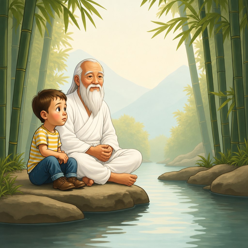 The old sage sitting still by the water while the Curious Kid watches